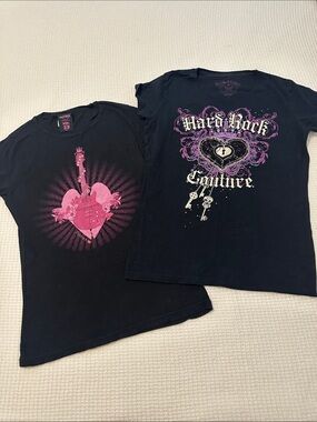 Hard Rock Cafe Black Tee with Pink Heart Guitar Graphic